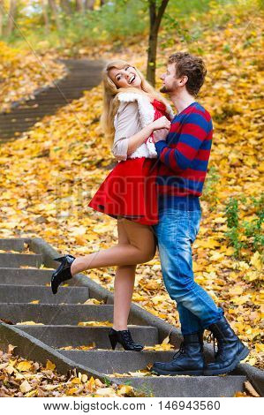 Romantic Pair Meet In Park Standing On Stairs.