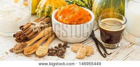 Ingredients for pumpkin spice latte, copy space