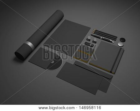 Black brand mock-up template on dark gray gradiented background. Set of branding stationery mockup with a notepad A4 letterhead envelopes and cd.
