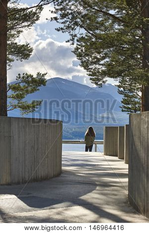 Norway viewpoint. Sohlbergplassen. Rondane National Park. Architectural landscape. Tourism