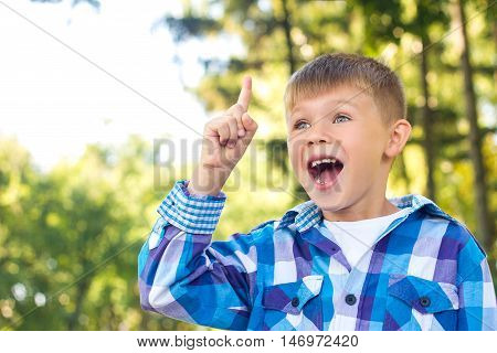 Little boy with admiration raised index finger up. Idea. Admiration and happiness of the child