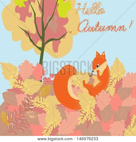 Illustration of cute squirrel eating nut on a pile of leaves