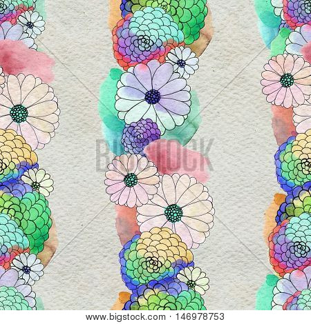 Seamless floral pattern with asters and daisy garlands of flowers. Floral watercolor background.