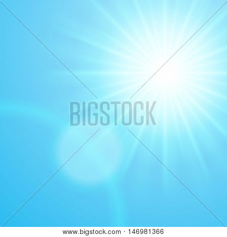 Sun with lens flare blue sky vector background.