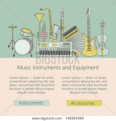 Unique vector illustration with different music instruments synthesizer, drums, accordion, violin, trumpet, harp, drum, saxophone, electric, guitar, flute. Music web or mobile template.