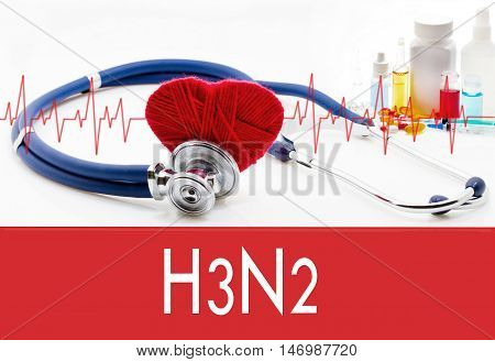 Medical concept H3N2 (influenza grippe). Stethoscope and red heart on a white background