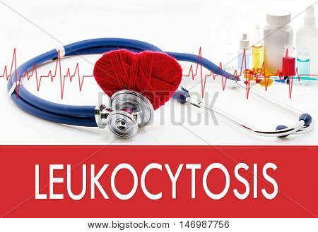 Medical concept leukocytosis. Stethoscope and red heart on a white background