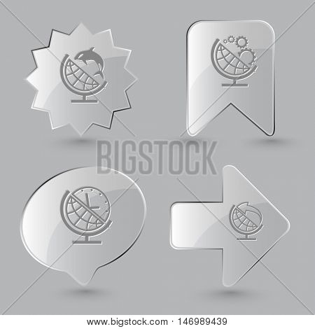 4 images: globe and shamoo, globe and gears, globe and clock, globe and arrow. School globe set. Glass buttons on gray background. Vector icons.