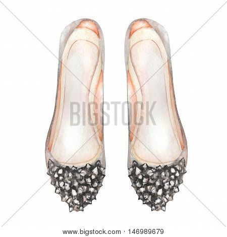 Illustration isolated grey women's ballet shoes with inlaid stones. Painted hand-drawn in a watercolor on a white background.