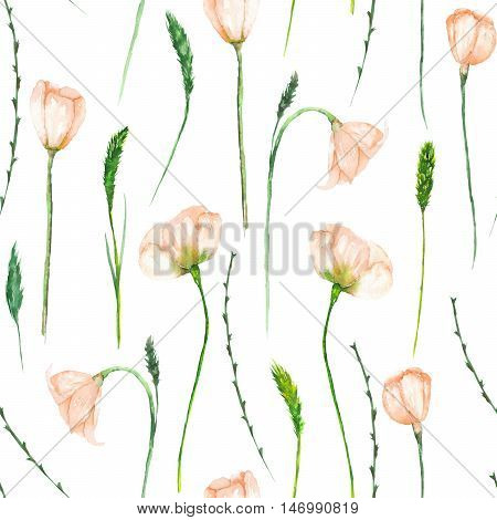 A seamless floral pattern with the watercolor beautiful  tender pink spring flowers on a white background