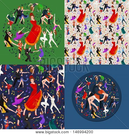 Vector illustration of couple dancing modern dance, Partners dance bachata, Dancing style design concept set, traditional dance flat icon isolated vector illustration, Man and woman ballroom dancing.