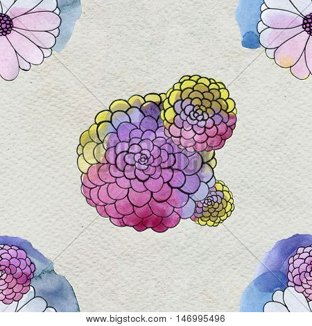 Seamless floral pattern with asters and daisy flowers. Floral watercolor background.