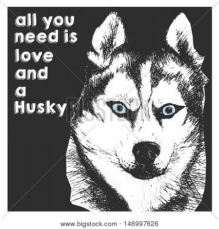 Vector close up portrait of siberian husky isolated on black square background. All you need is love and a dog. Hand drawn domestic dog illustration. Sketched engraved funny illustration.
