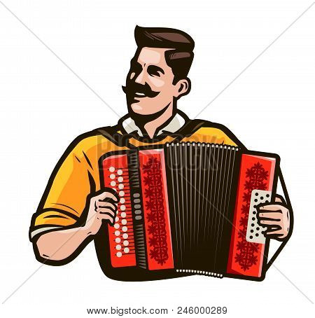 Happy Man Playing The Accordion. Music Festival Concept. Cartoon Vector