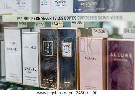 Noirmoutier, France - July 3, 2017: Detail Of A Showcase Of A Luxury Perfume Store In The City Cente
