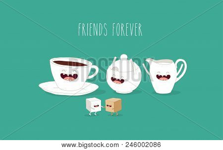 Animated Coffee Tea Sugar Rejoice And Laugh. Vector Illustration.