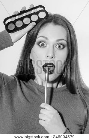 Girl Is Learning The Art Of Make-up. Girl Or Pretty Woman, Fashionable Model With Long Hair And Youn