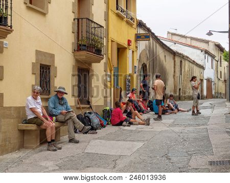 Pilgrims Wait For The Afternoon Opening Of Their Hostel - Lorca, Navarre, Spain, 6 September 2014