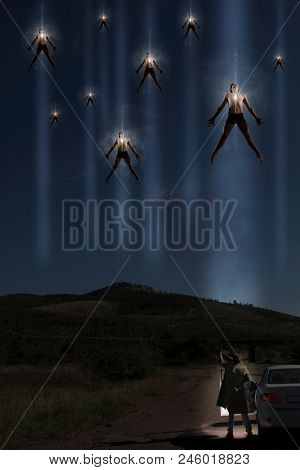 Mysterious people fly up. Spirit, aliens concept. Cover design 