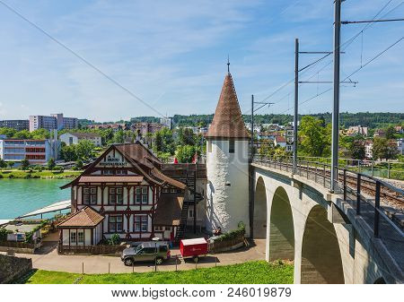 Bremgarten, Switzerland - June 16, 2018: buildings of the town of Bremgarten. Bremgarten is a municipality in the Swiss canton of Aargau, its medieval old town is listed as a heritage site of national significance.