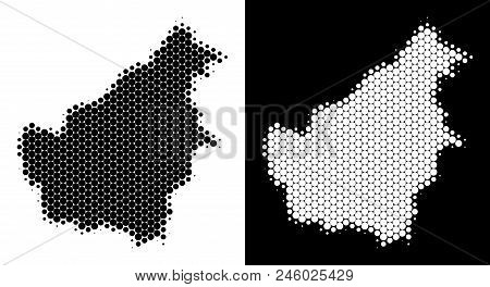 Dot Halftone Borneo Island Map. Vector Geographic Plan On White And Black Backgrounds. Abstract Mosa