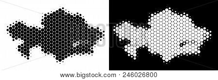 Dotted Halftone Kazakhstan Map. Vector Geographic Scheme On White And Black Backgrounds. Abstract Co