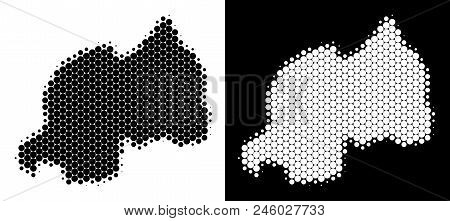 Dot Halftone Rwanda Map. Vector Geographic Scheme On White And Black Backgrounds. Abstract Concept O