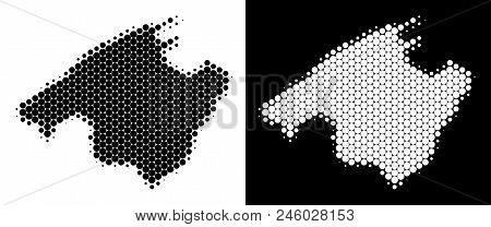 Dot Halftone Spain Mallorca Island Map. Vector Geographic Plan On White And Black Backgrounds. Abstr
