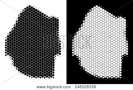 Dot Halftone Swaziland Map. Vector Geographic Scheme On White And Black Backgrounds. Abstract Compos