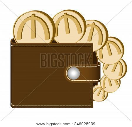 Brown  Wallet With Manat Coins On A White Background , Currency In The Wallet,sign And Symbol Curren