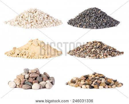 Piles of various gravel, stones and pebbels isolated on white background