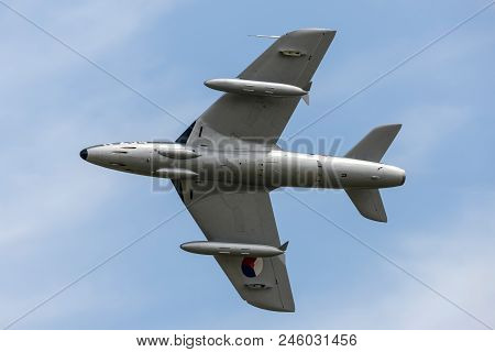 Raf Waddington, Lincolnshire, Uk - July 4, 2014: The Dutch Hawker Hunter Foundation Hawker Hunter F.