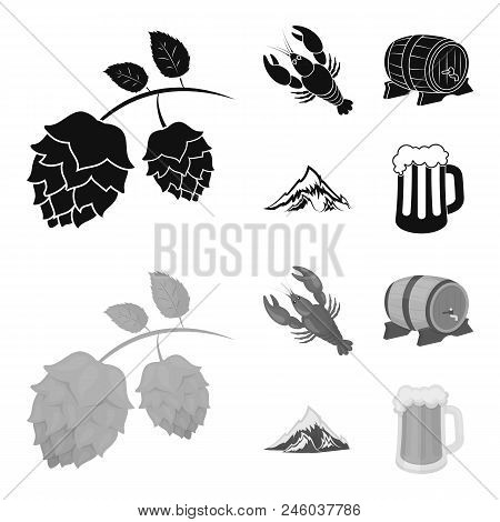 Alps, A Barrel Of Beer, Lobster, Hops. Oktoberfest Set Collection Icons In Black, Monochrome Style V