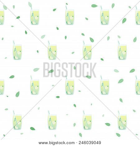 Seamless Pattern With Lemonade, Mint And Lemons. Abstract Vector Texture With Glass Of Lemonade. Sum