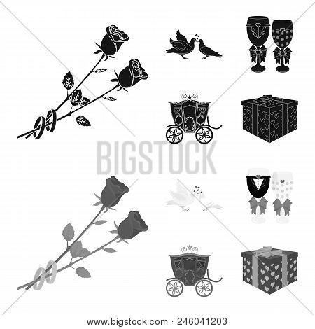 Wedding And Attributes Cartoon , Flat, Outline, Black Icons In Set Collection For Design.newlyweds A