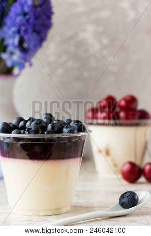 Italian Dessert Pana Cota With Berry Jam And Fresh Blueberries