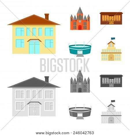 House Of Government, Stadium, Cafe, Church.building Set Collection Icons In Cartoon, Monochrome Styl