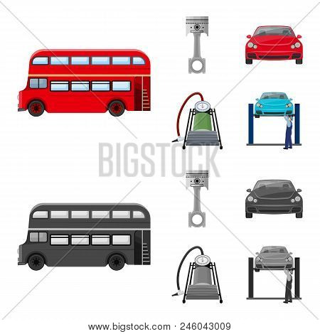 Car On Lift, Piston And Pump Cartoon, Monochrome Icons In Set Collection For Design.car Maintenance 