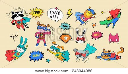 Superhero Cute Hand Drawn Animals, Cat, Dog, Panda, Bear And Crocodile Vector Characters