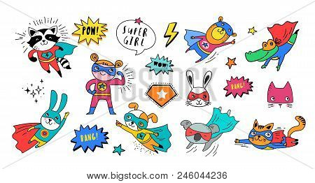 Superhero Cute Hand Drawn Animals, Cat, Dog, Panda, Bear And Crocodile Vector Characters