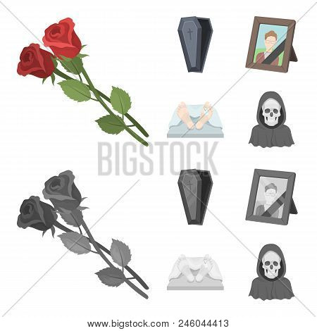 Coffin With A Lid And A Cross, A Photograph Of The Deceased With A Mourning Ribbon, A Corpse On The 