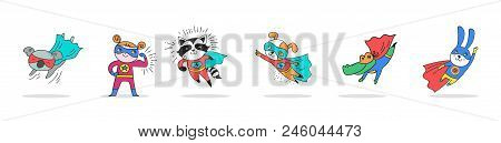 Superhero Cute Hand Drawn Animals, Cat, Dog, Panda, Bear And Crocodile Vector Characters