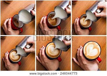 Barista Pouring Milk In Coffee Cup For Make Latte Art, Six Steps Of Process, Top View