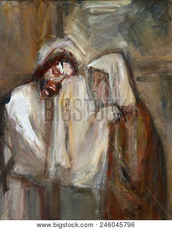 SISAK, CROATIA - DECEMBER 07: 6th Stations of the Cross, Veronica wipes the face of Jesus, Church of Holy Cross in Sisak, Croatia, on December 07, 2017.