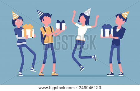 Happy People At Birthday Party Celebration. Cheerful Friends Having Fun On Event, Gathering Of Invit