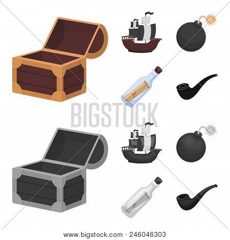 Pirate, Bandit, Ship, Sail .pirates Set Collection Icons In Cartoon, Monochrome Style Vector Symbol 