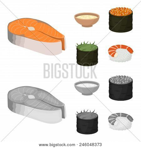 Bowl Of Soup, Caviar, Shrimp With Rice. Sushi Set Collection Icons In Cartoon, Monochrome Style Vect
