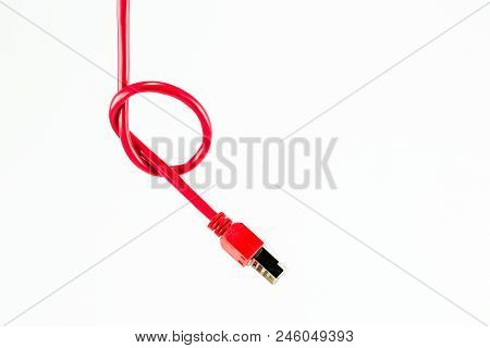 Red Patch Cable With Rj45 Connector And Knot Isolated On White Background