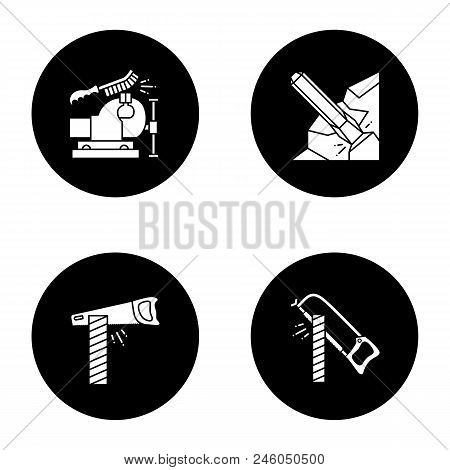 Construction Tools Glyph Icons Set. Bench Vice And Wire Brush, Iron Chisel, Hand Saw And Hacksaw Cut