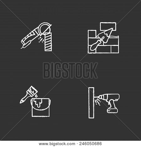 Construction Tools Chalk Icons Set. Angle Grinder Machine, Brick Wall With Triangular Shovel, Bucket